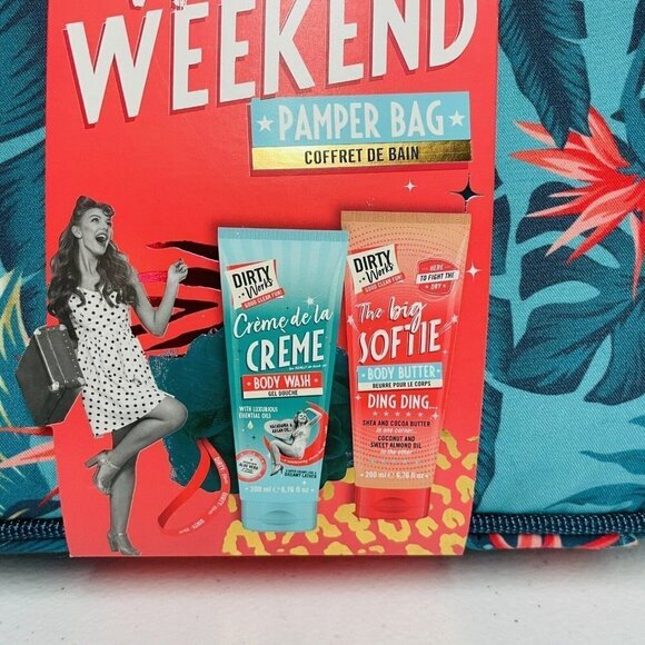 Dirty Works Hello Weekend Pamper Bag Set Body Wash Butter & Puff + Bath Salts - Picture 2 of 5